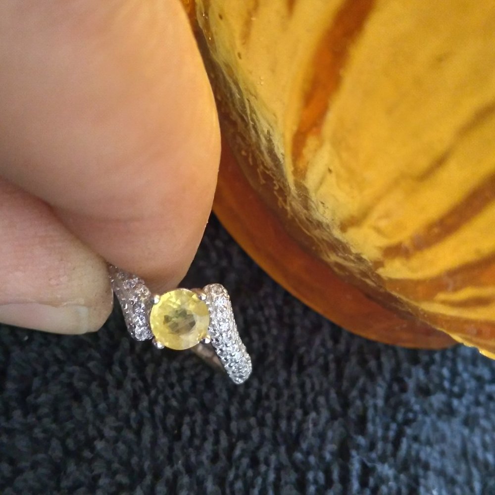 Large Yellow natural sapphire white cubic zirconia ladies sterling silver ring